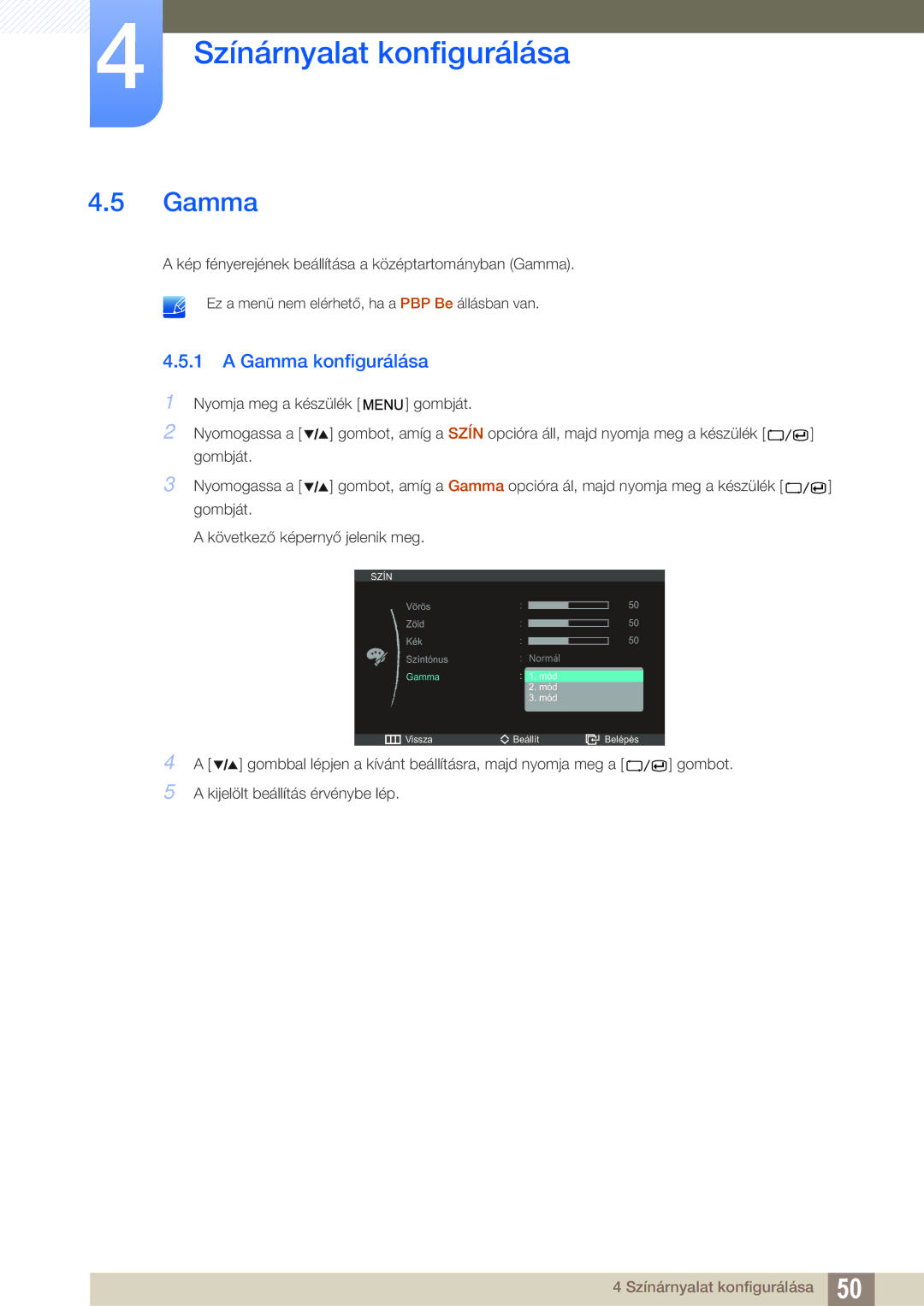 Samsung LS27A850DSR/EN, LS27A850DS/EN manual Gamma konfigurálása 