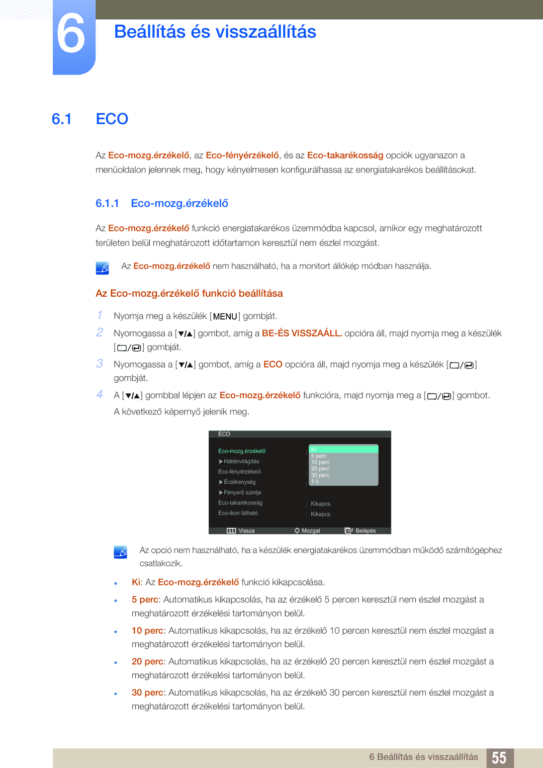 Samsung LS27A850DS/EN, LS27A850DSR/EN manual Beállítás és visszaállítás, Az Eco-mozg.érzékelő funkció beállítása 