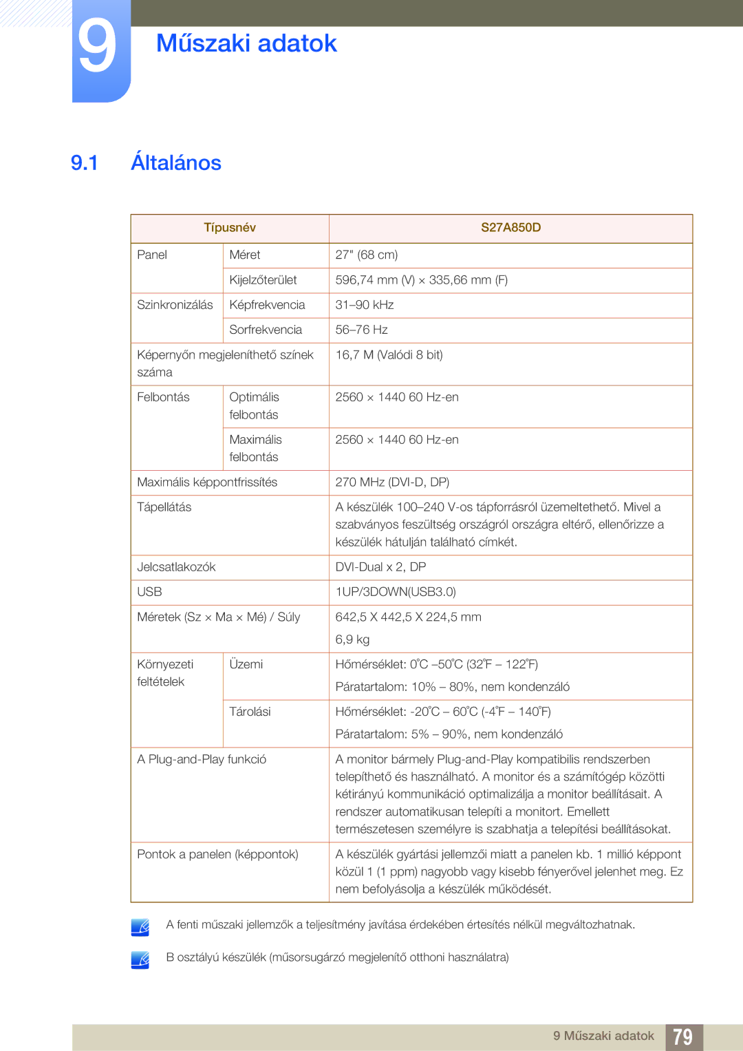 Samsung LS27A850DS/EN, LS27A850DSR/EN manual Műszaki adatok, Általános 