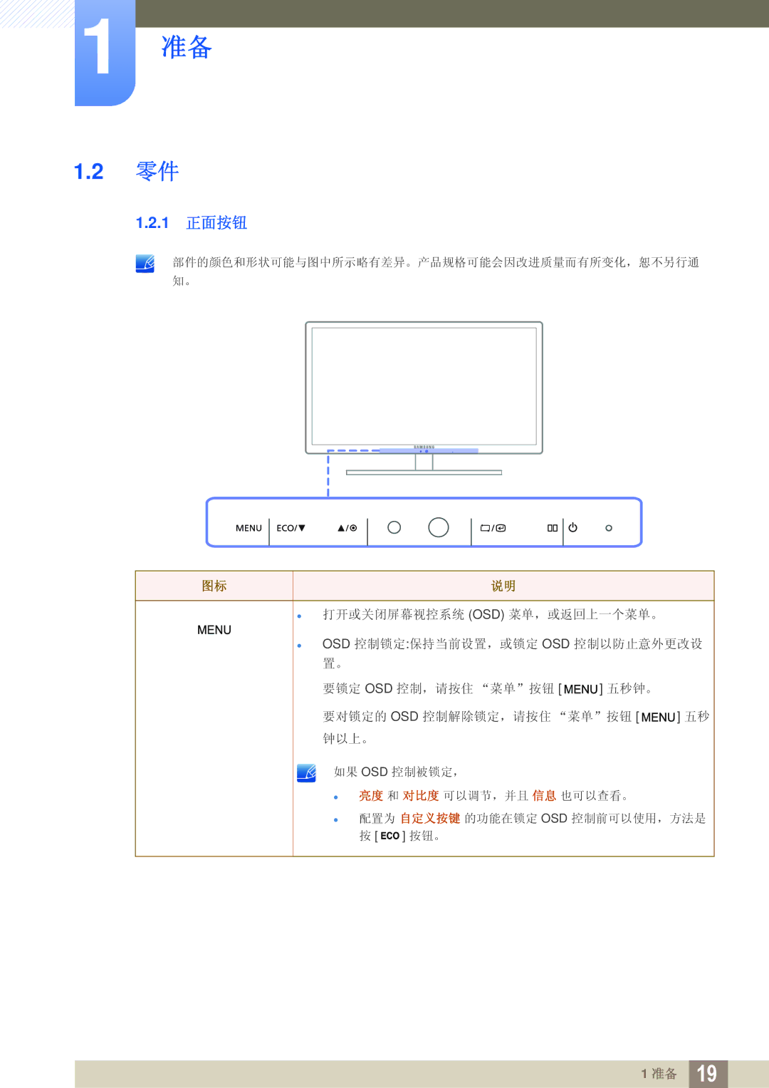 Samsung LS27A850DS/EN, LS27A850DSR/EN manual 1 正面按钮 