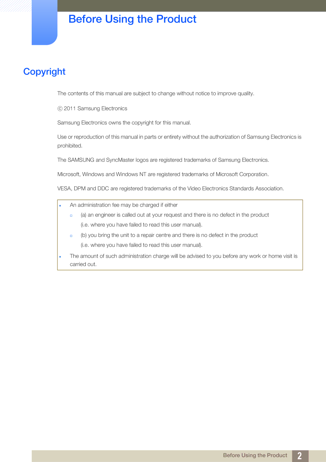 Samsung LS27A850DS/EN, LS27A850DS/XJ, LS27A850DSR/EN, LS27A850DSSCI, LS27A850DSQSCI manual Before Using the Product, Copyright 