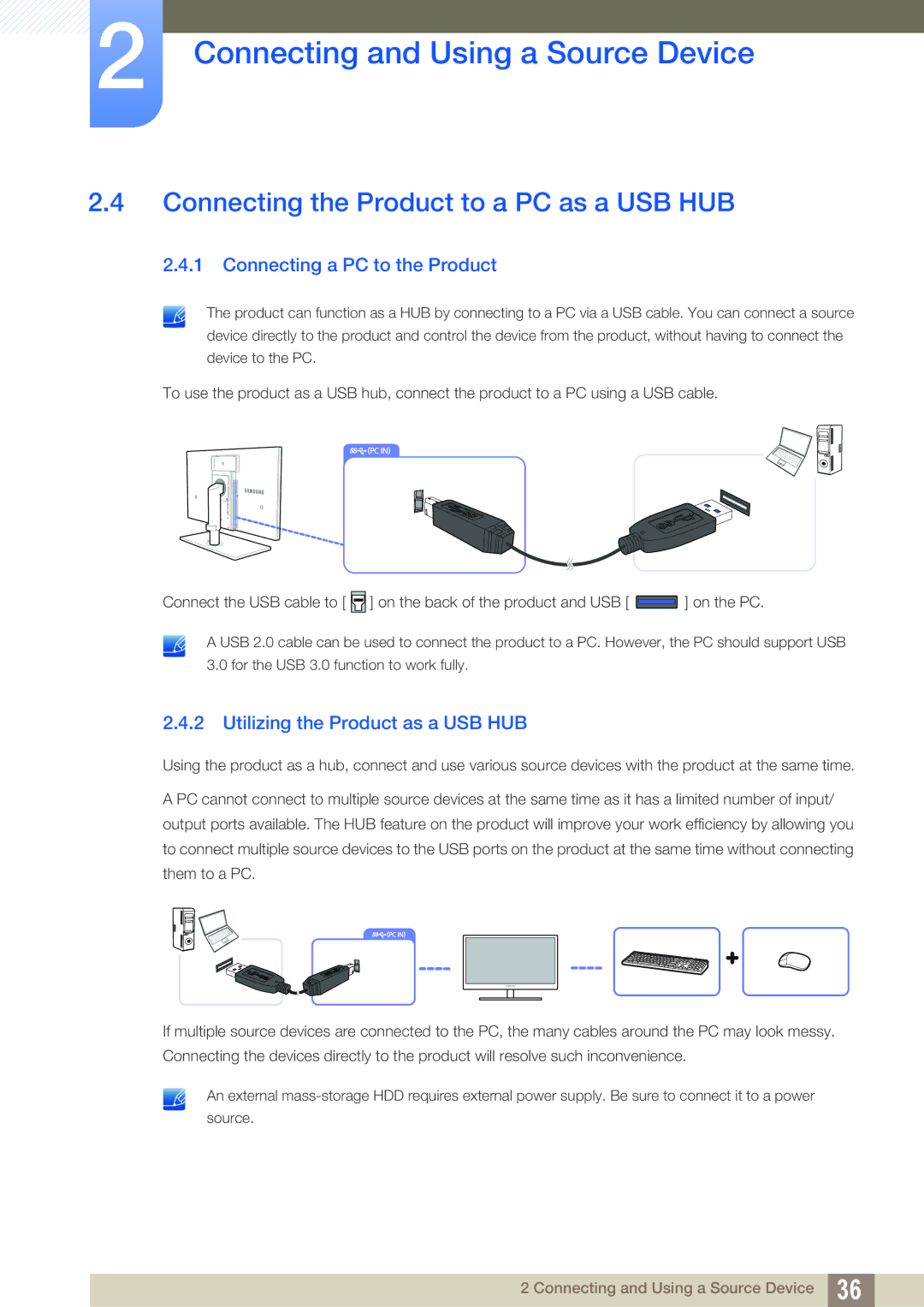 Samsung LS27A850DSR/EN, LS27A850DS/XJ manual Connecting the Product to a PC as a USB HUB, Connecting a PC to the Product 