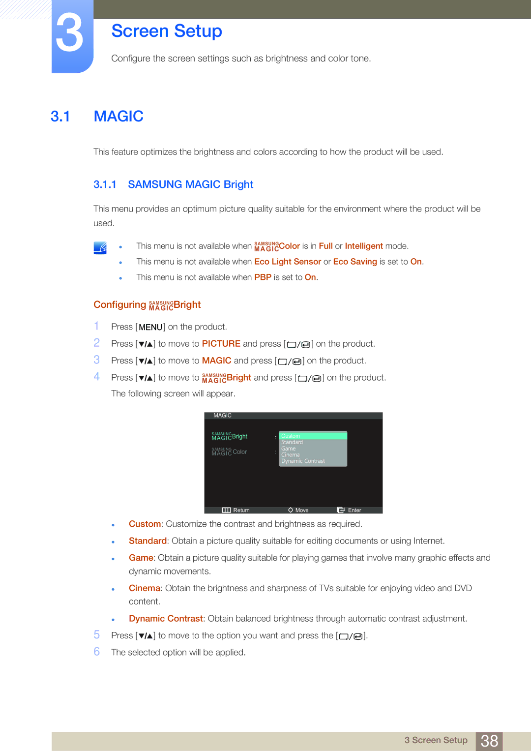 Samsung LS27A850DSSCI, LS27A850DS/XJ, LS27A850DSR/EN, LS27A850DS/EN, LS27A850DSQSCI manual Screen Setup, Samsung Magic Bright 