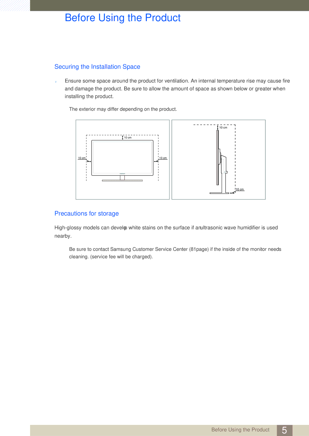 Samsung LS27A850DS/CI, LS27A850DS/XJ, LS27A850DSR/EN, LS27A850DS/EN Securing the Installation Space, Precautions for storage 