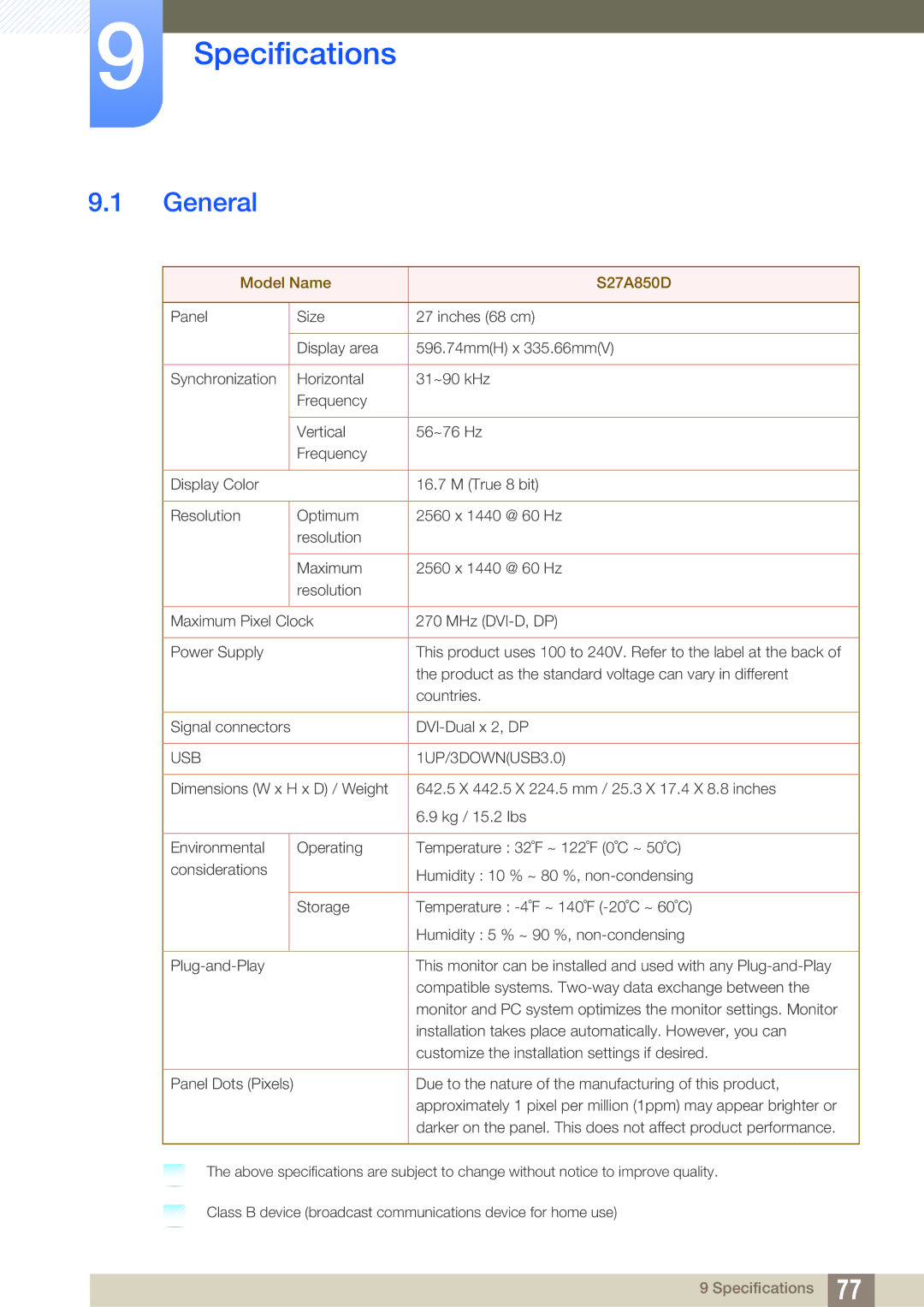 Samsung LS27A850DS/XJ, LS27A850DSR/EN, LS27A850DS/EN, LS27A850DSSCI, LS27A850DSQSCI, LS27A850DS/CI Specifications, General 