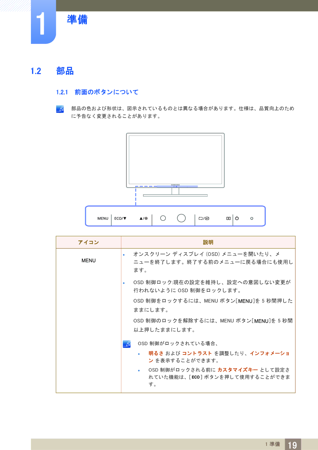 Samsung LS27A850DS/XJ manual 1 前面のボタ ンについて, コ ン 