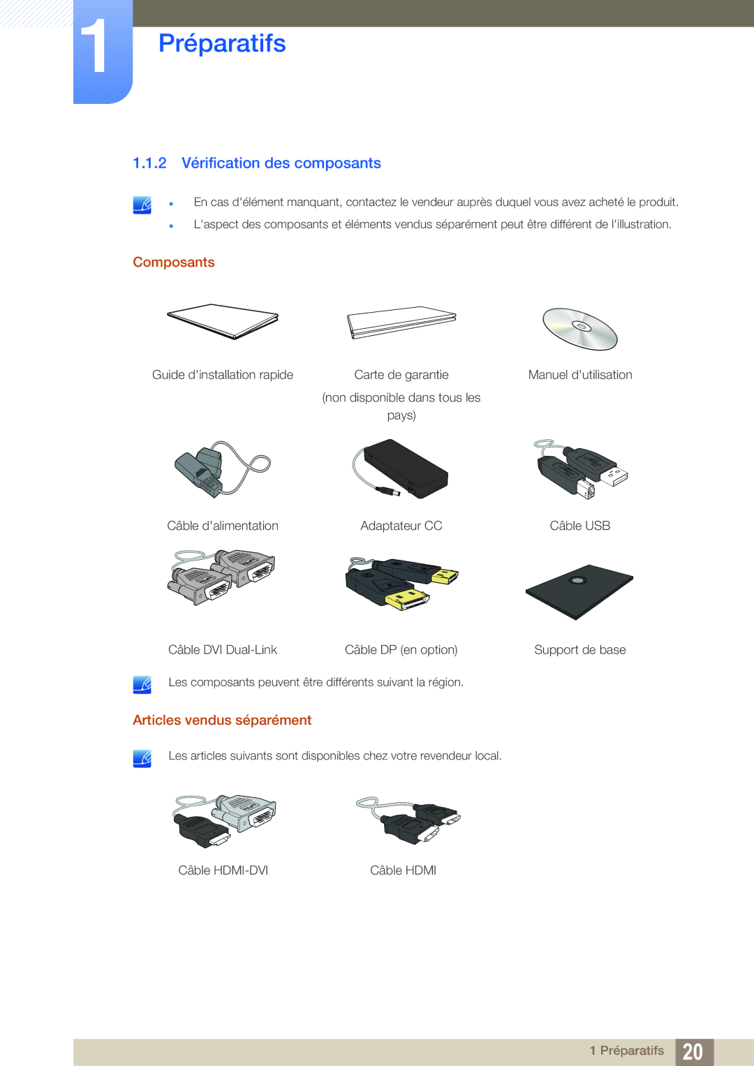 Samsung LS27A850TS/EN manual 2 Vérification des composants, Composants, Articles vendus séparément 