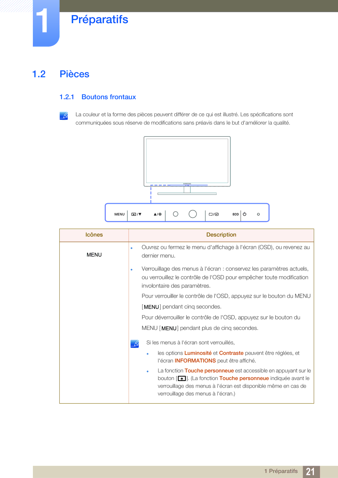 Samsung LS27A850TS/EN manual Pièces, Boutons frontaux 