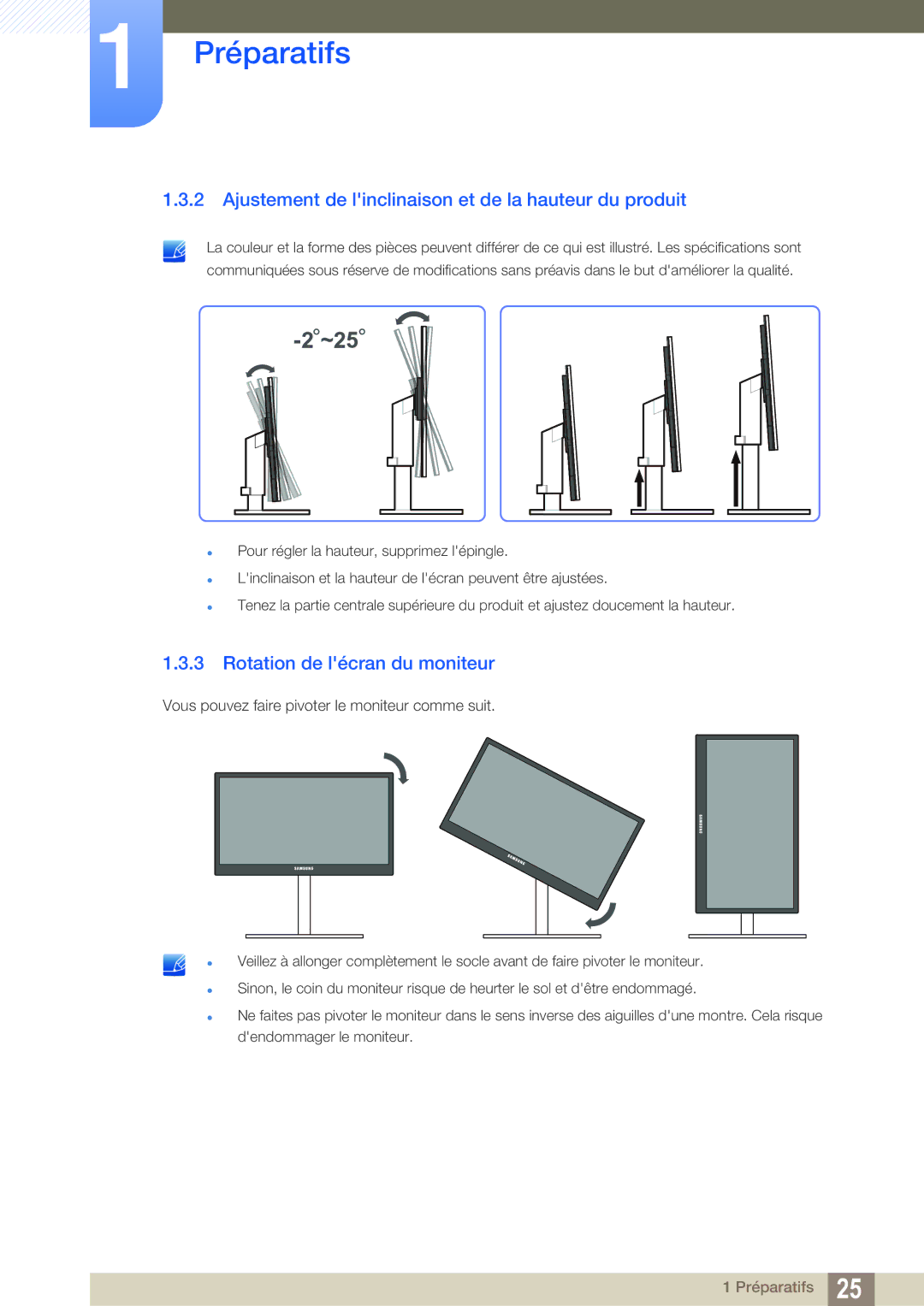 Samsung LS27A850TS/EN manual Ajustement de linclinaison et de la hauteur du produit, Rotation de lécran du moniteur 