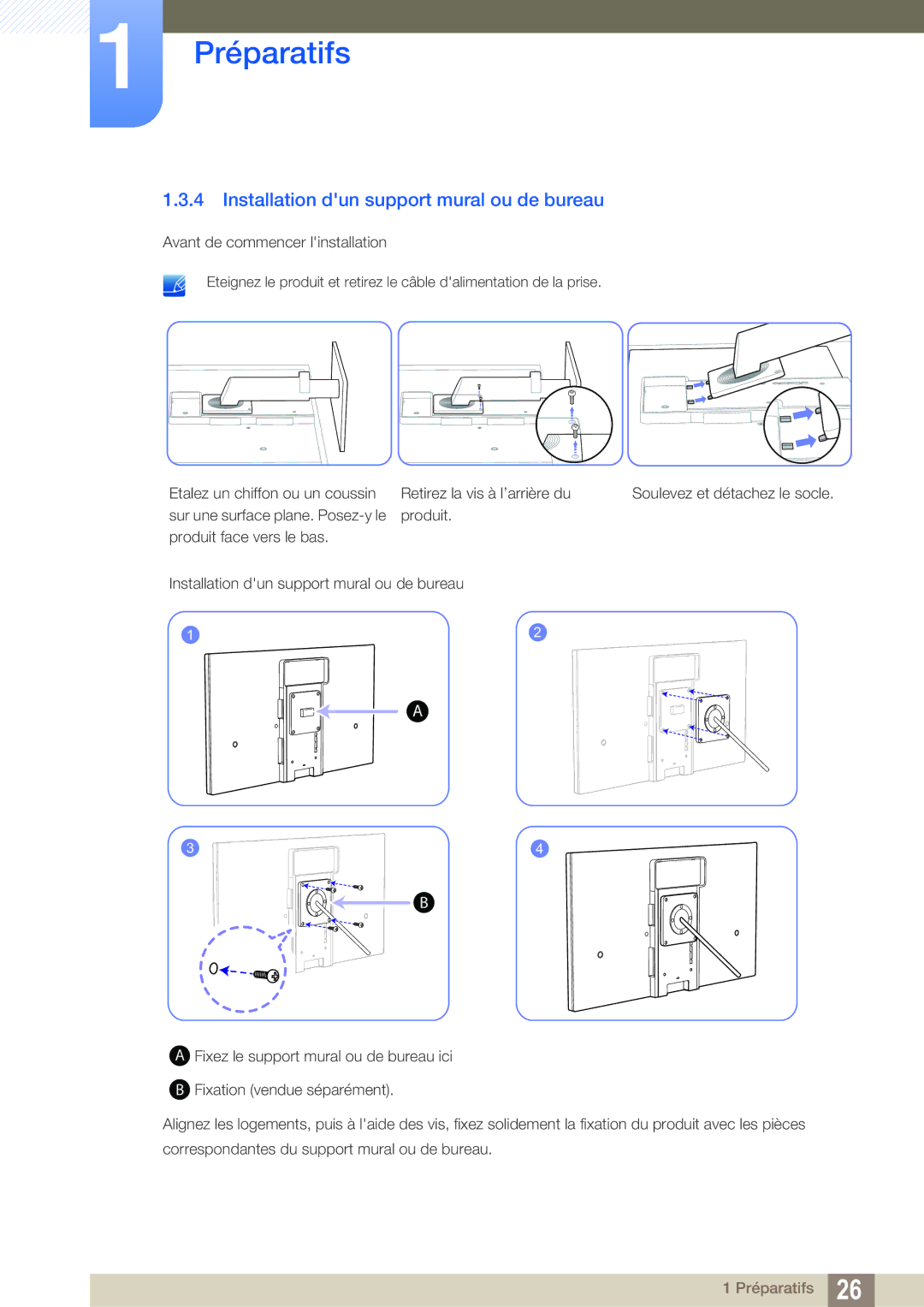 Samsung LS27A850TS/EN manual Installation dun support mural ou de bureau 