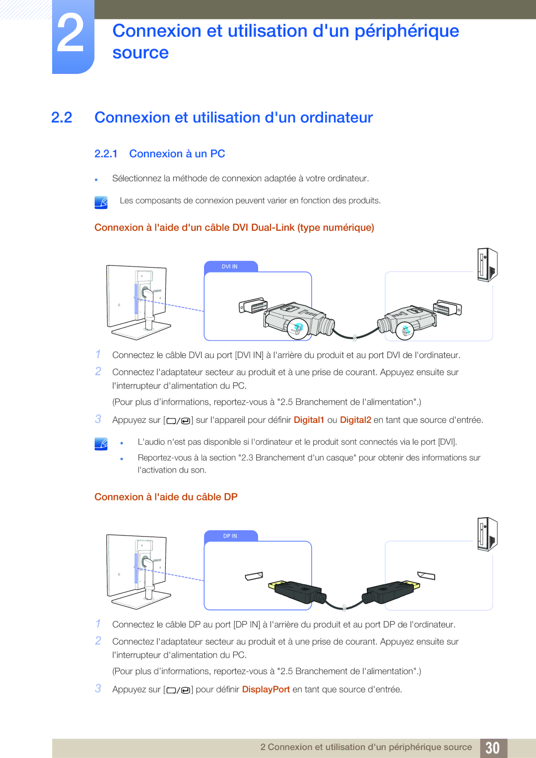 Samsung LS27A850TS/EN manual Connexion et utilisation dun ordinateur, Connexion à un PC, Connexion à laide du câble DP 