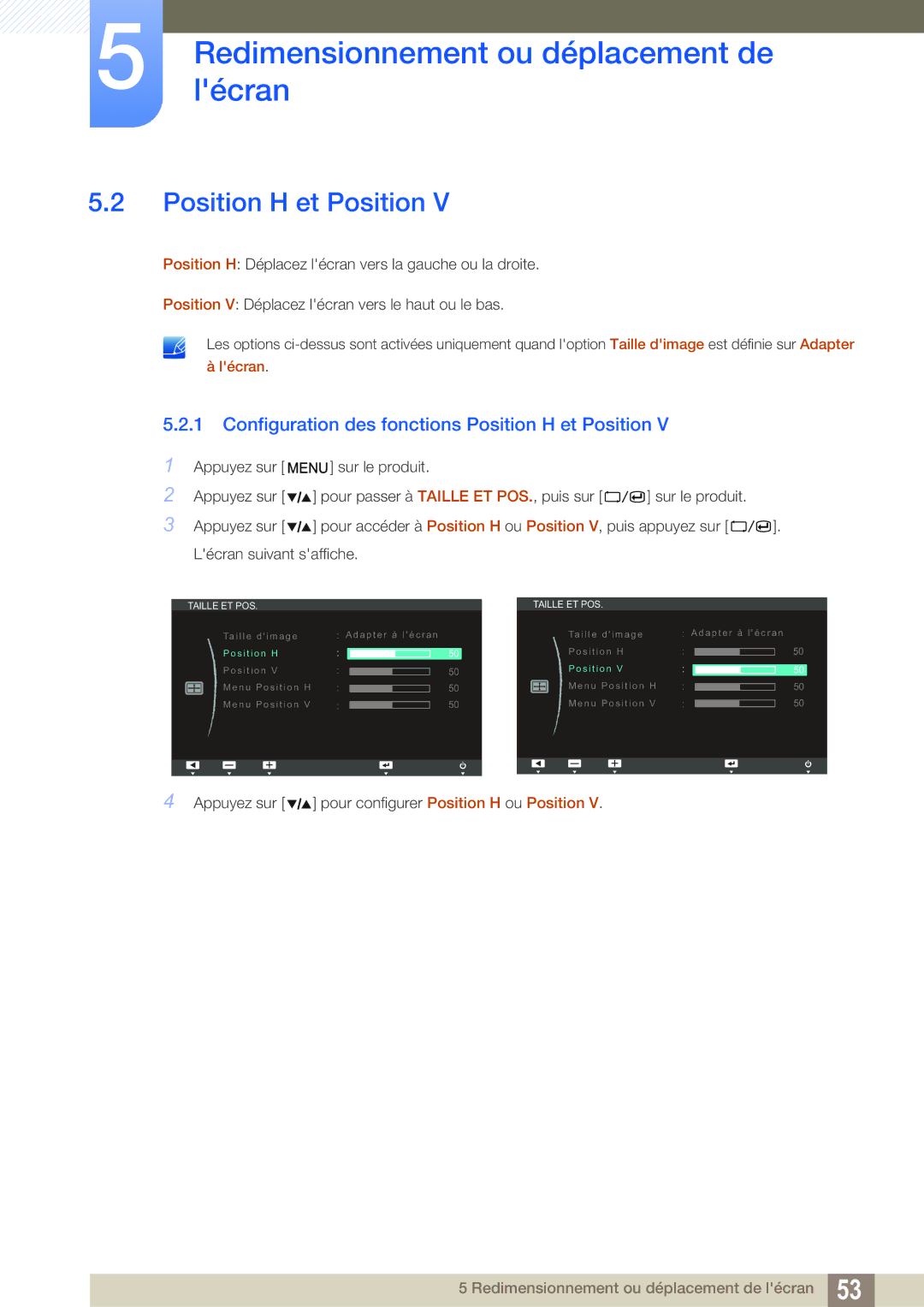 Samsung LS27A850TS/EN manual Configuration des fonctions Position H et Position 