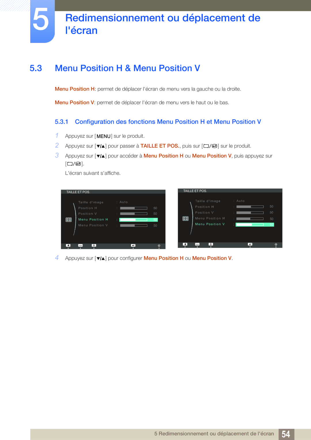 Samsung LS27A850TS/EN manual Menu Position H & Menu Position, Configuration des fonctions Menu Position H et Menu Position 