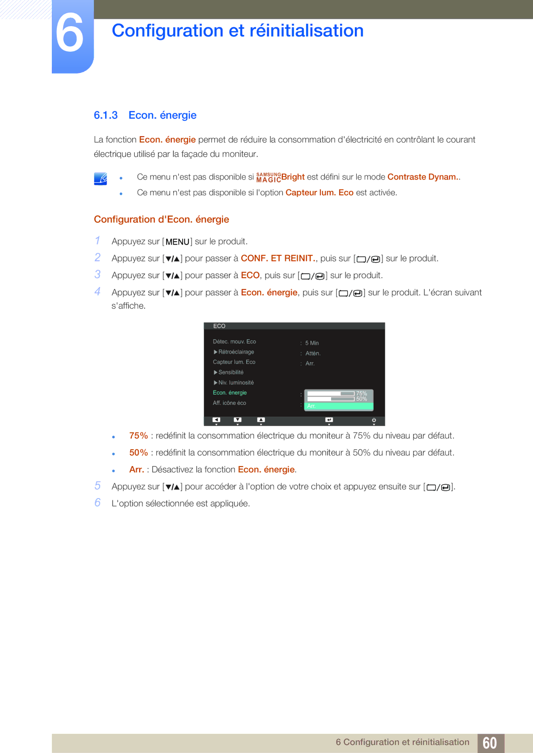 Samsung LS27A850TS/EN manual Configuration dEcon. énergie 