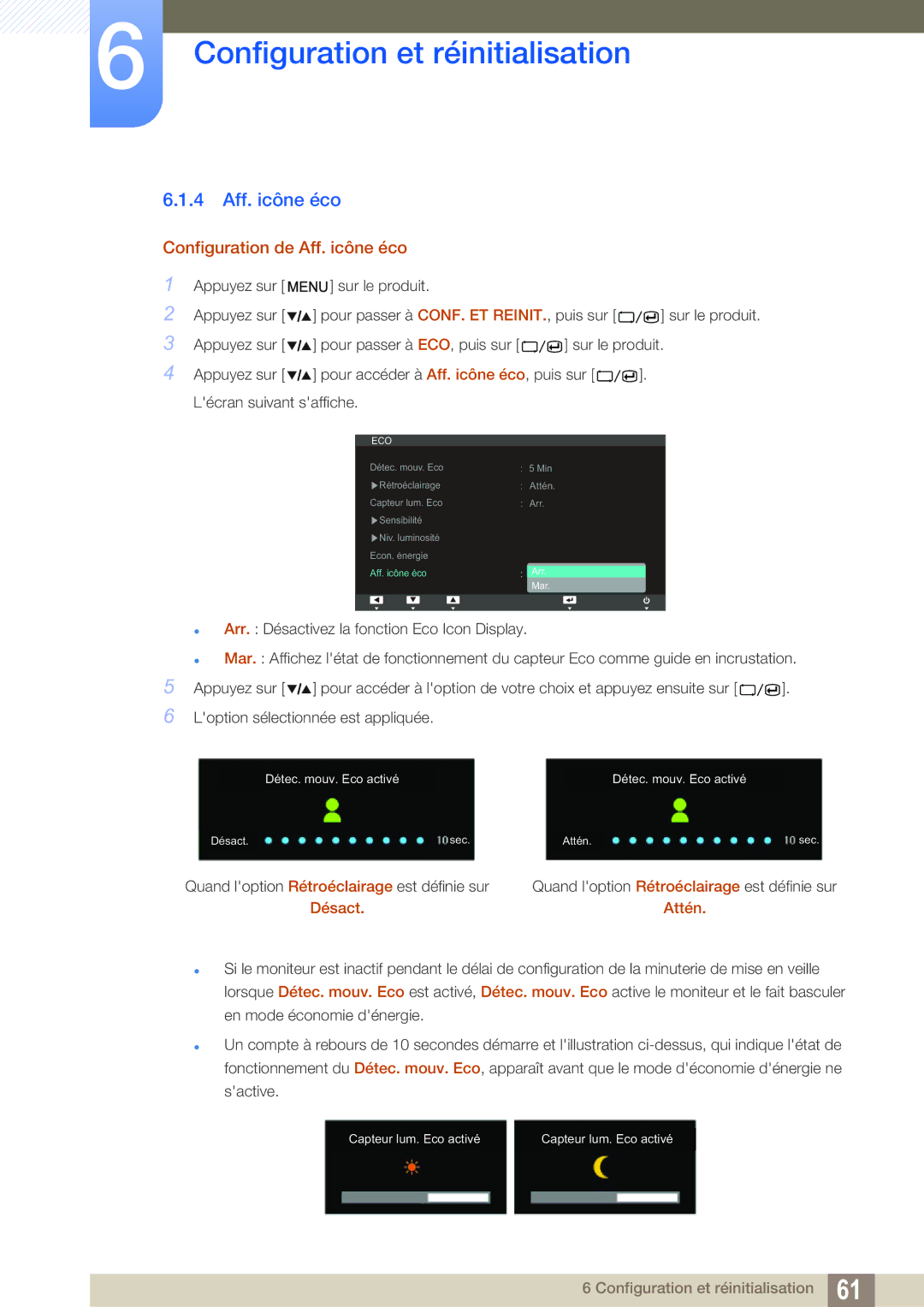 Samsung LS27A850TS/EN manual 4 Aff. icône éco, Configuration de Aff. icône éco 