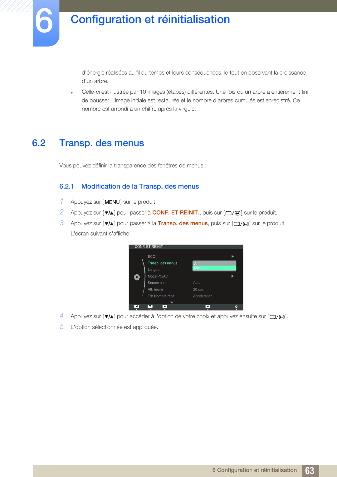 Samsung LS27A850TS/EN manual Modification de la Transp. des menus 