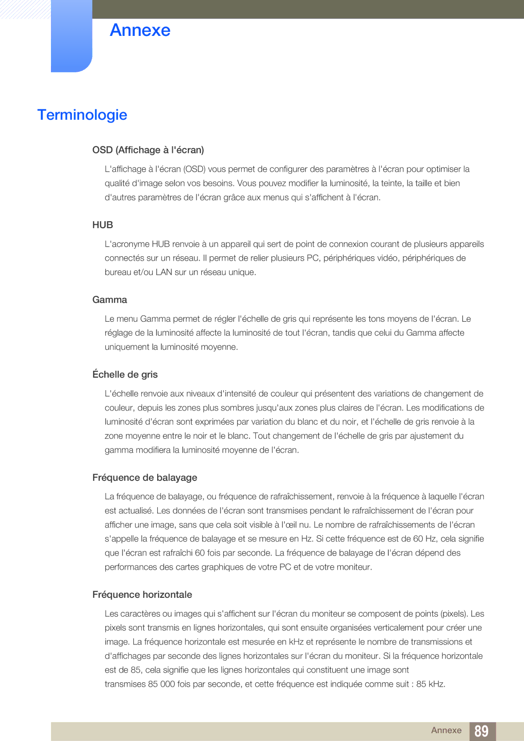 Samsung LS27A850TS/EN manual Terminologie, OSD Affichage à lécran 