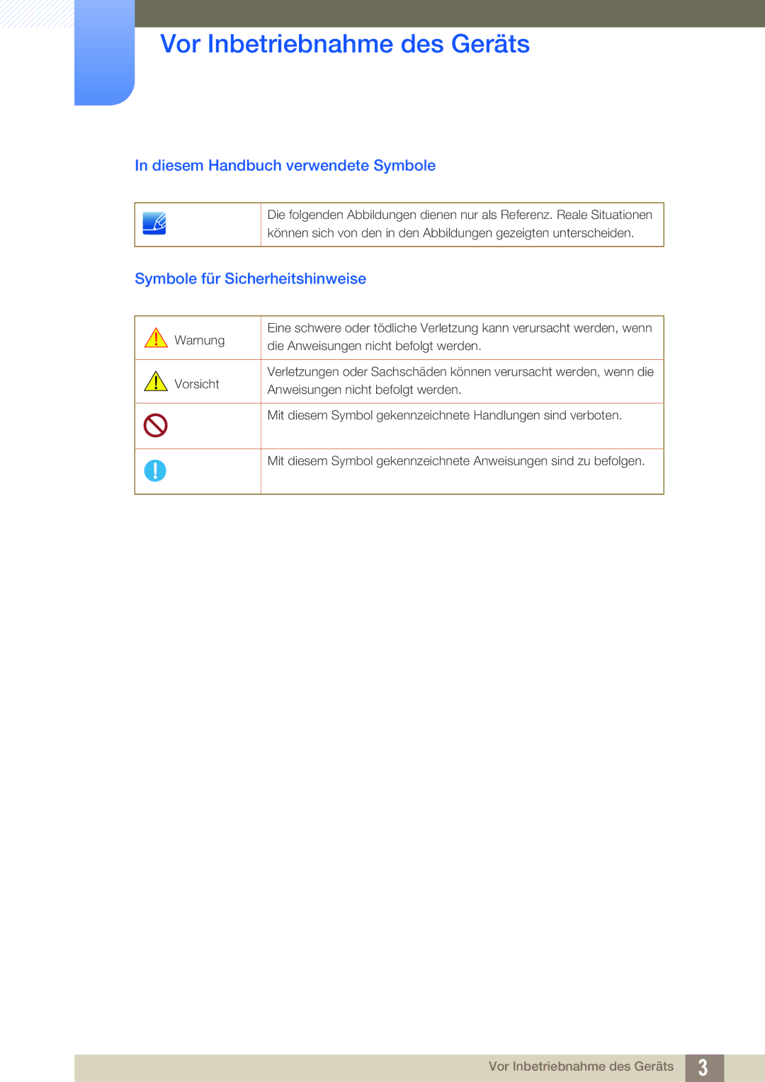 Samsung LS27A850TS/EN manual Diesem Handbuch verwendete Symbole, Symbole für Sicherheitshinweise 