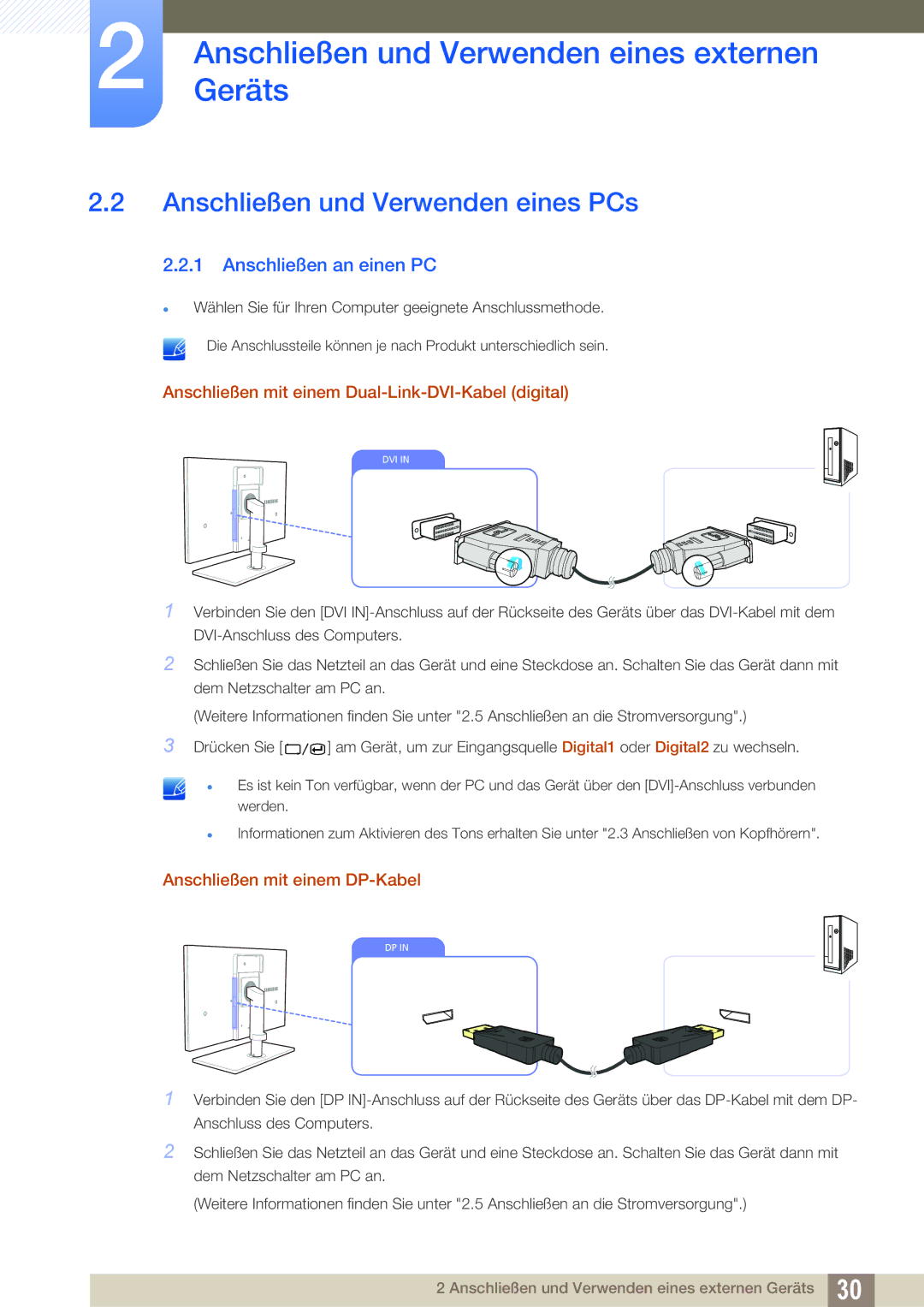 Samsung LS27A850TS/EN manual Anschließen und Verwenden eines PCs, Anschließen an einen PC, Anschließen mit einem DP-Kabel 