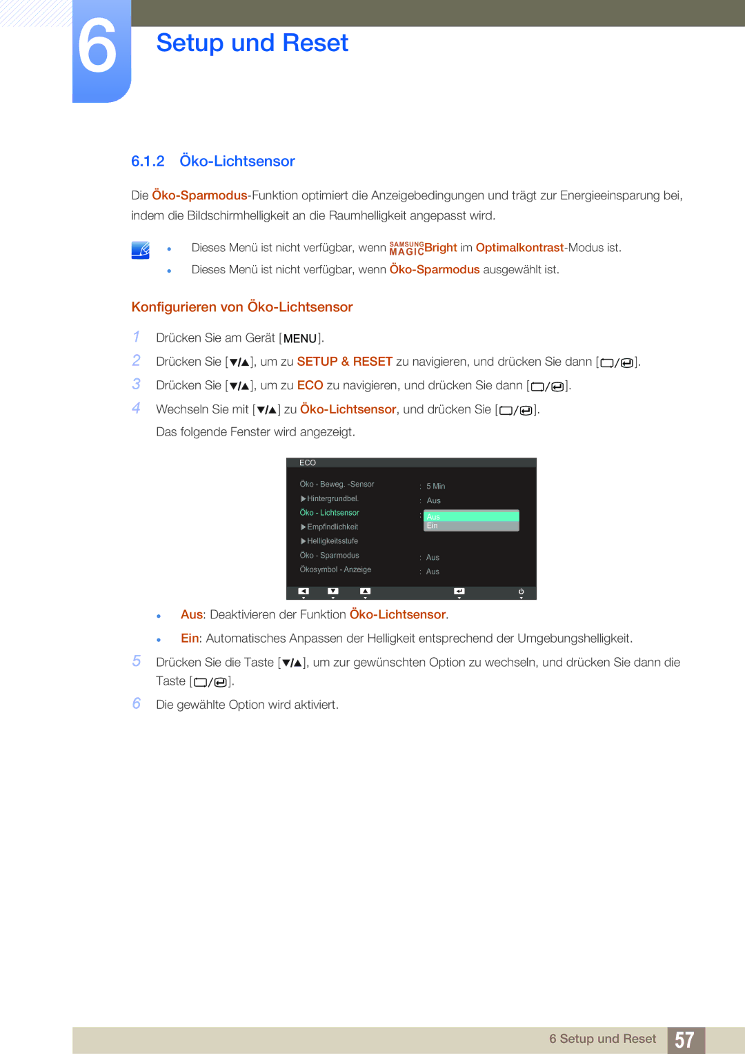 Samsung LS27A850TS/EN manual 2 Öko-Lichtsensor, Konfigurieren von Öko-Lichtsensor 