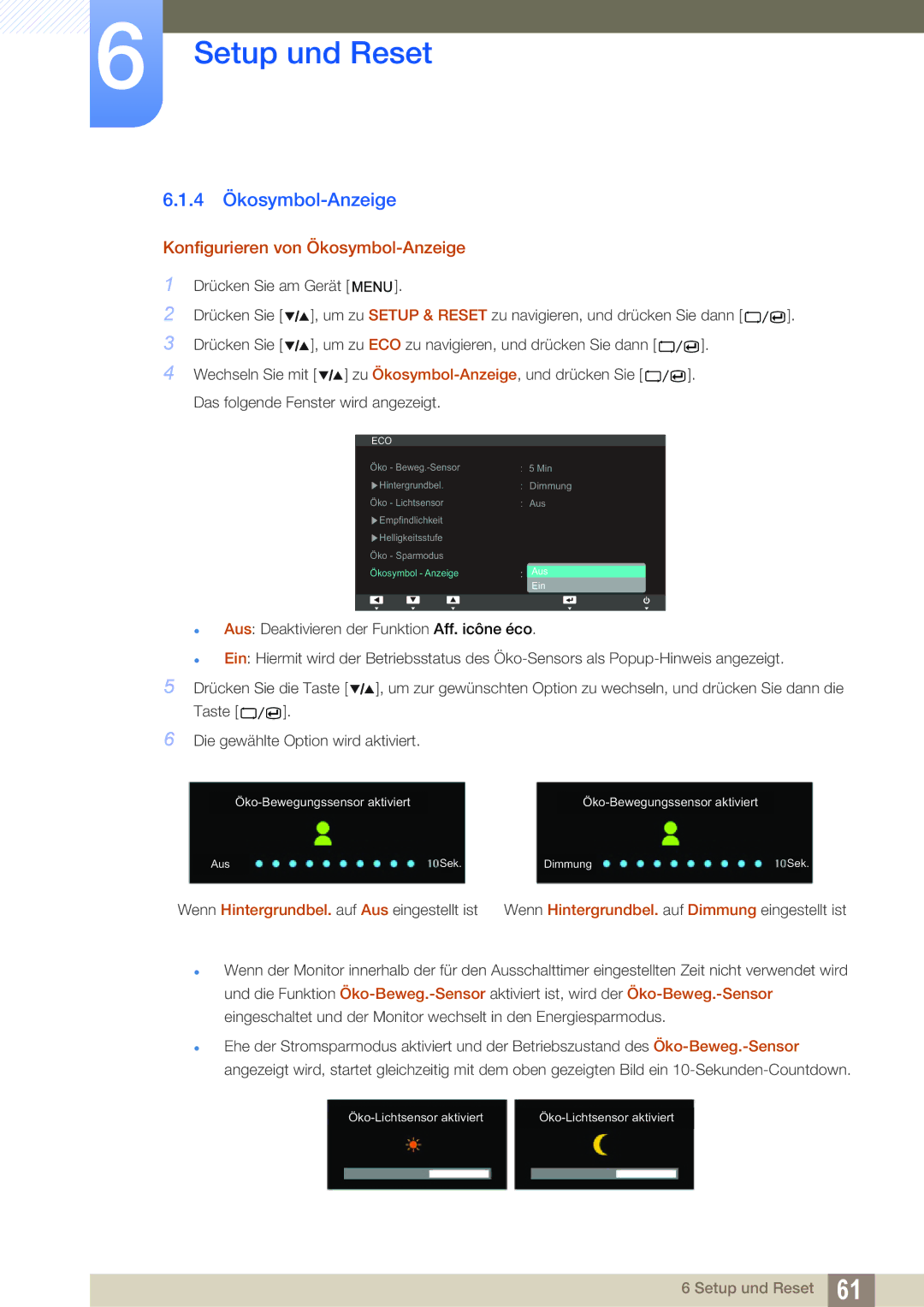 Samsung LS27A850TS/EN manual 4 Ökosymbol-Anzeige, Konfigurieren von Ökosymbol-Anzeige 