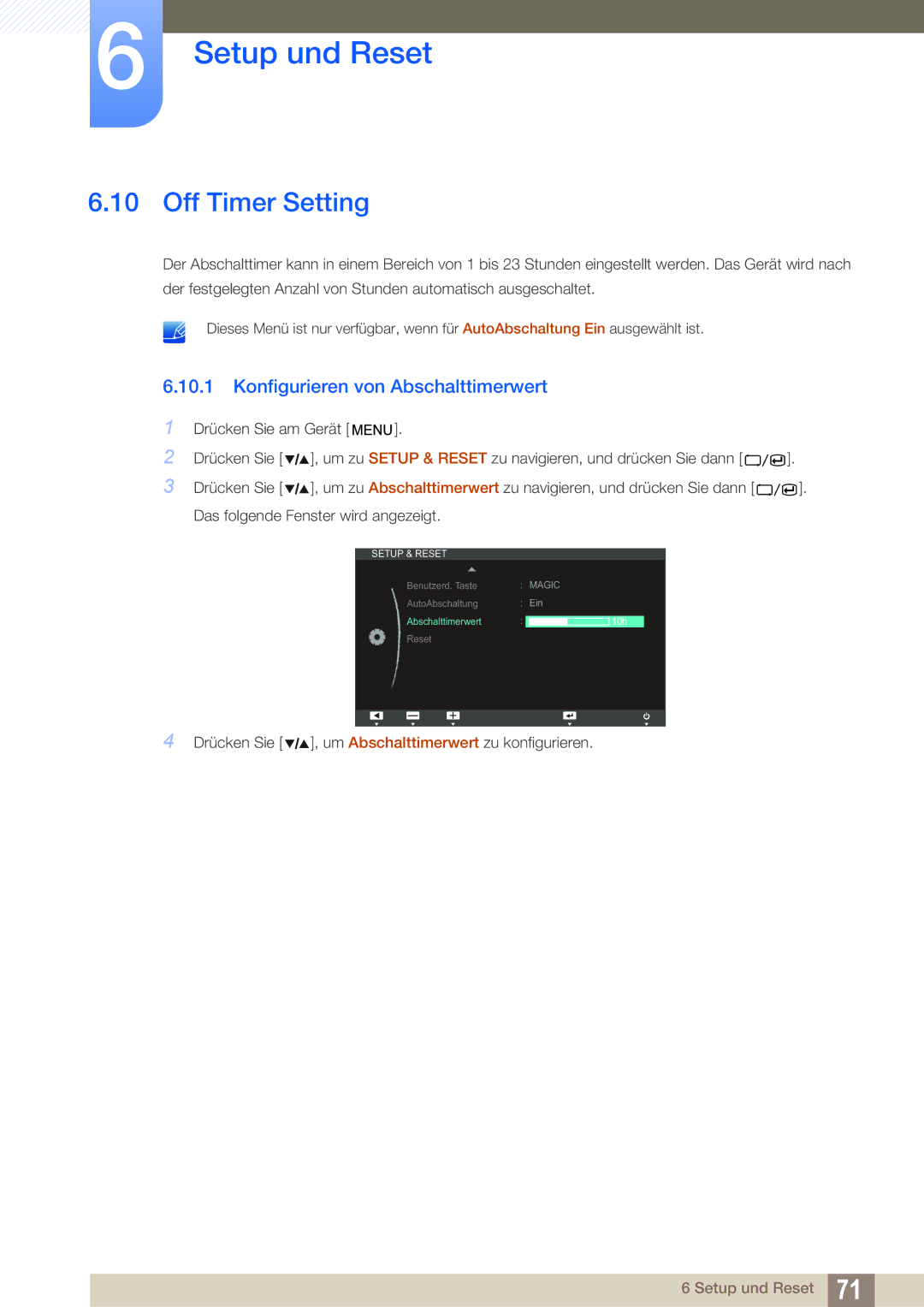 Samsung LS27A850TS/EN manual Off Timer Setting, Konfigurieren von Abschalttimerwert 