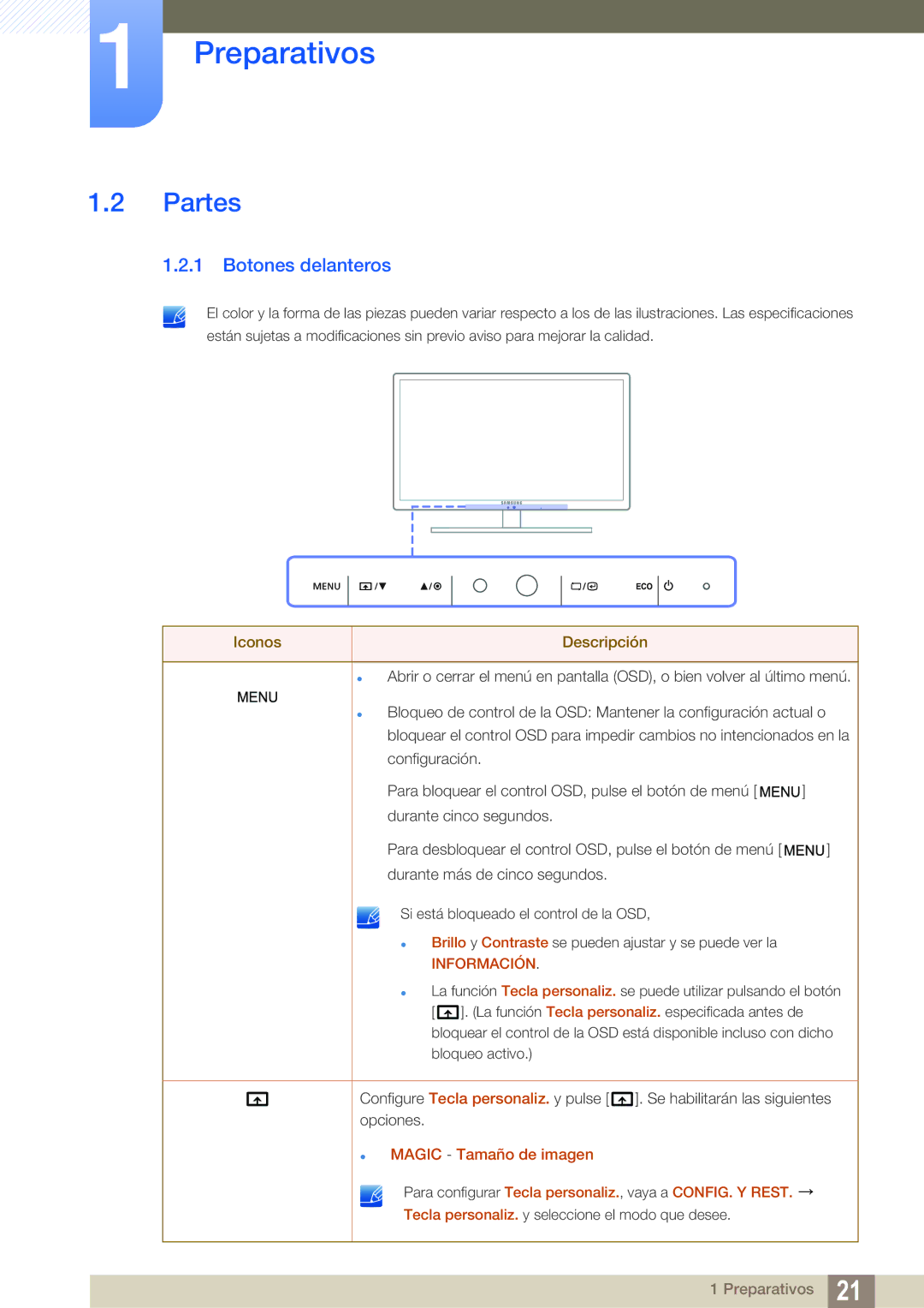 Samsung LS27A850TS/EN manual Partes, Botones delanteros 