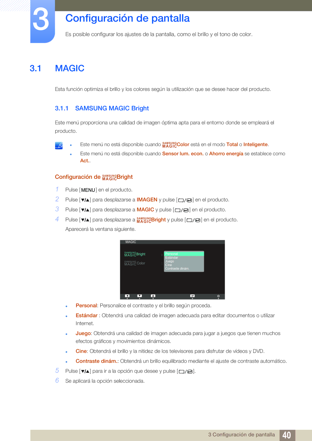 Samsung LS27A850TS/EN manual Configuración de pantalla, Samsung Magic Bright, Configuración de MAGICSAMSUNGBright 