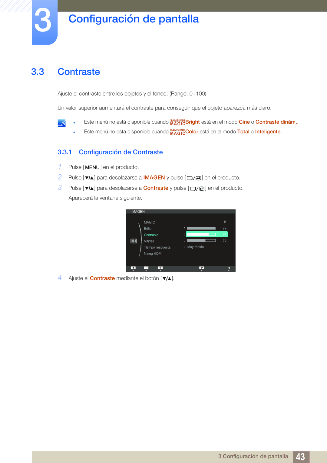 Samsung LS27A850TS/EN manual Configuración de Contraste 