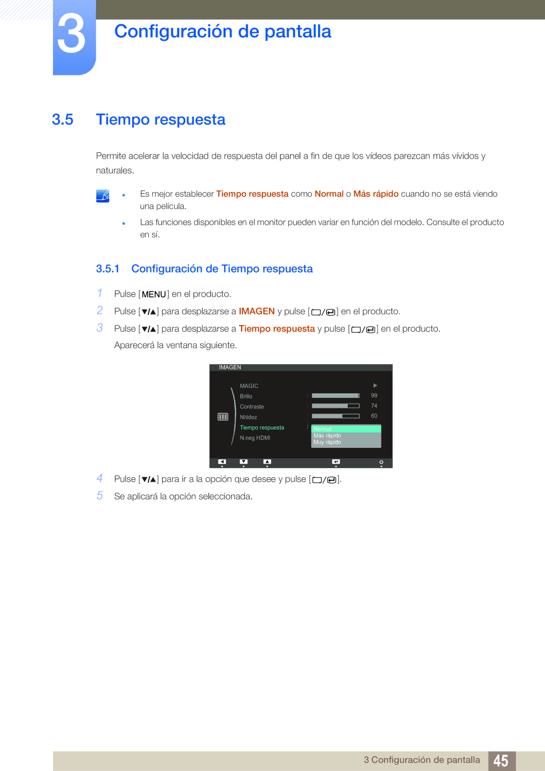 Samsung LS27A850TS/EN manual Configuración de Tiempo respuesta 