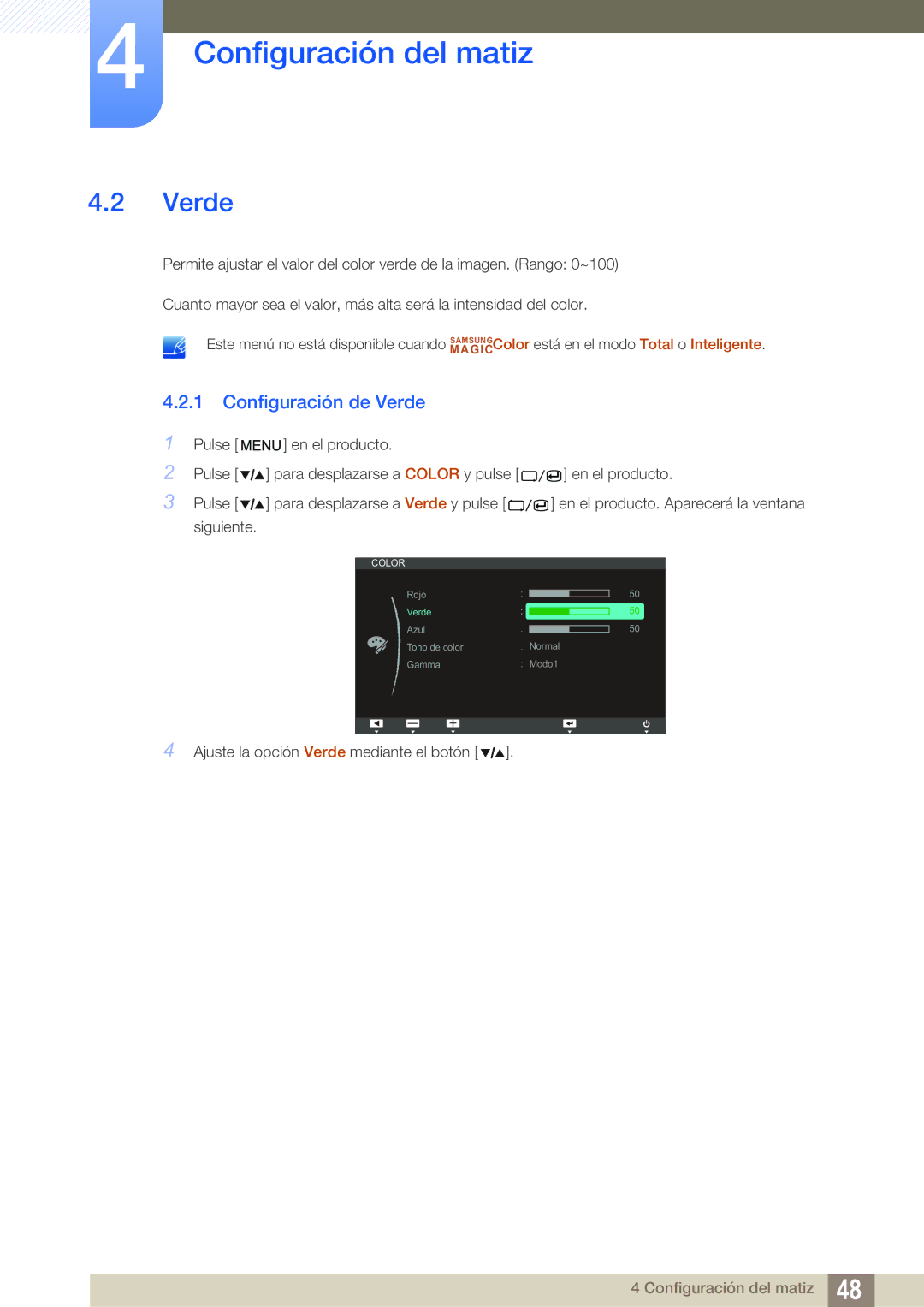 Samsung LS27A850TS/EN manual Configuración de Verde 