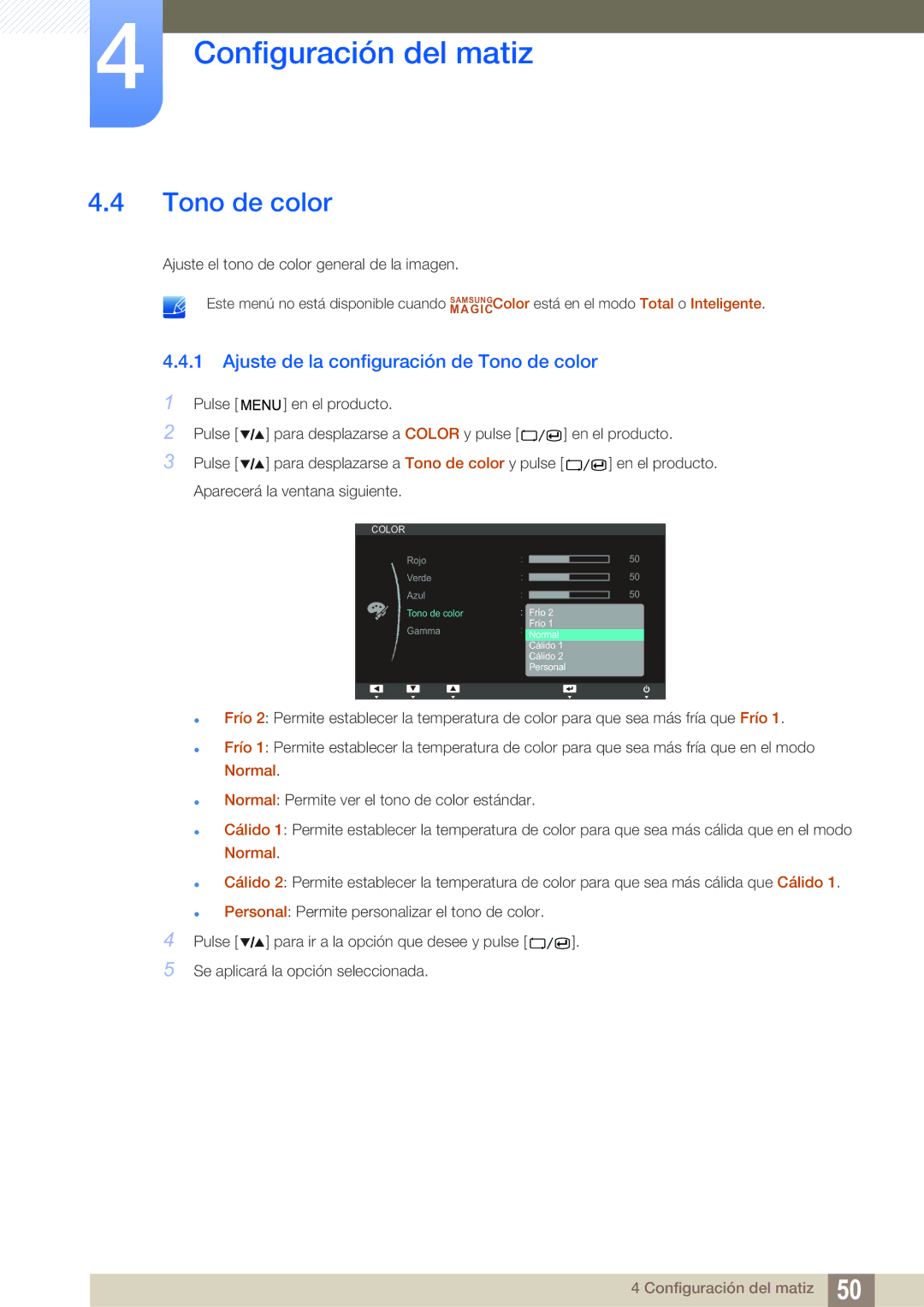 Samsung LS27A850TS/EN manual Ajuste de la configuración de Tono de color 