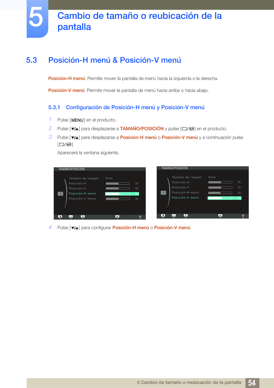 Samsung LS27A850TS/EN manual Posición-H menú & Posición-V menú, Configuración de Posición-H menú y Posición-V menú 