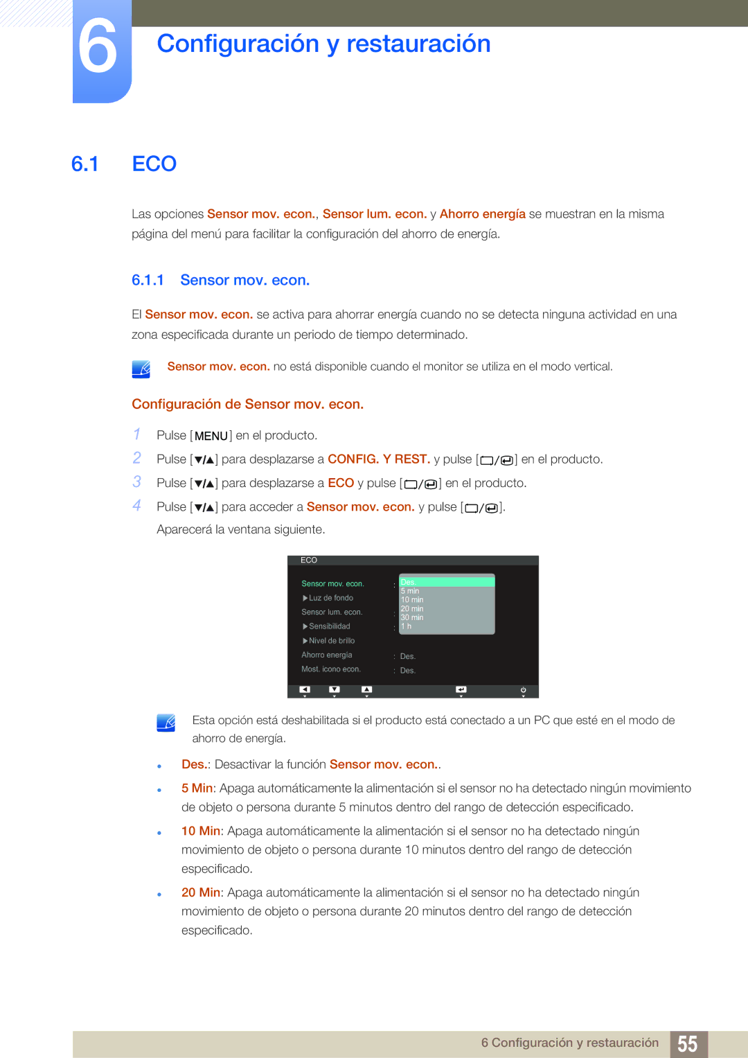 Samsung LS27A850TS/EN manual Configuración y restauración, Eco, Configuración de Sensor mov. econ 