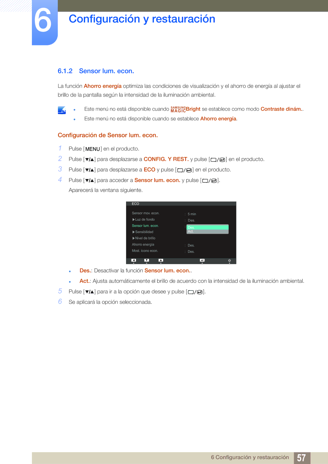 Samsung LS27A850TS/EN manual Configuración de Sensor lum. econ 