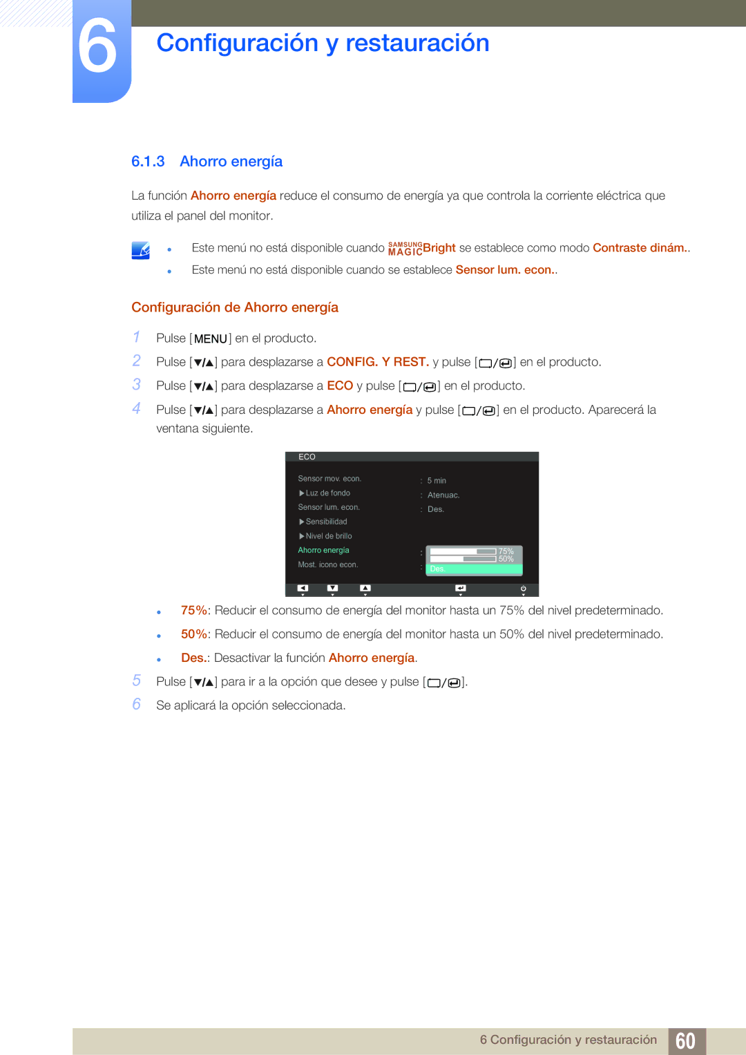 Samsung LS27A850TS/EN manual Configuración de Ahorro energía 