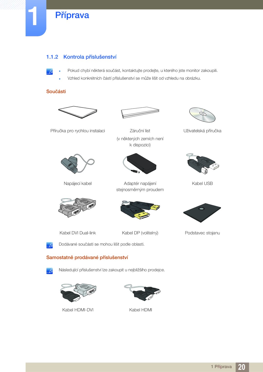 Samsung LS27A850TS/EN manual Kontrola příslušenství, Součásti, Samostatně prodávané příslušenství 