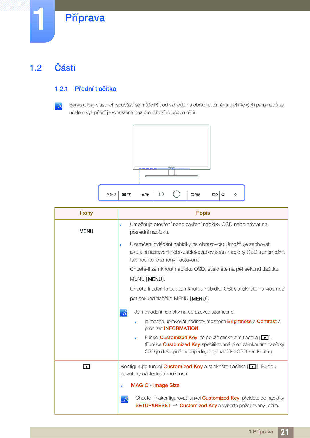 Samsung LS27A850TS/EN manual Části, 1 Přední tlačítka 