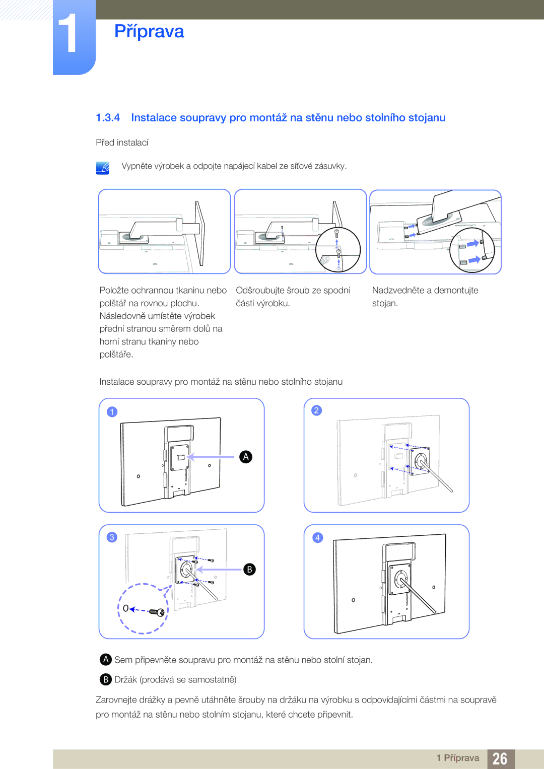 Samsung LS27A850TS/EN manual Instalace soupravy pro montáž na stěnu nebo stolního stojanu 