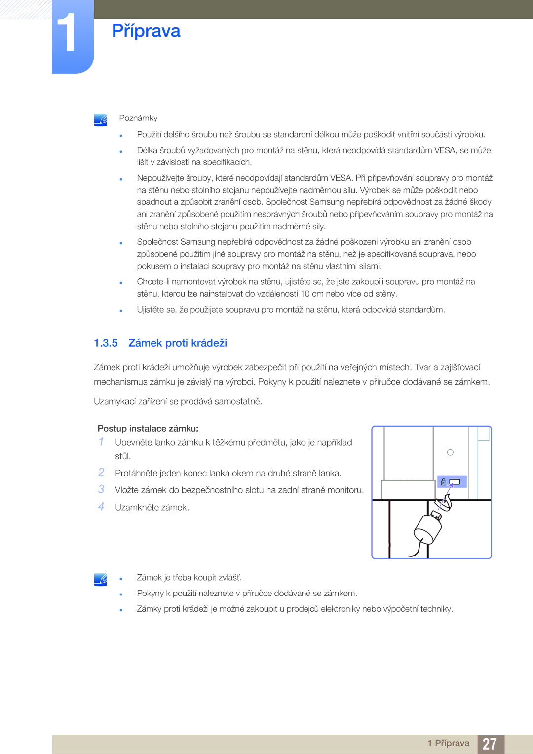 Samsung LS27A850TS/EN manual 5 Zámek proti krádeži 