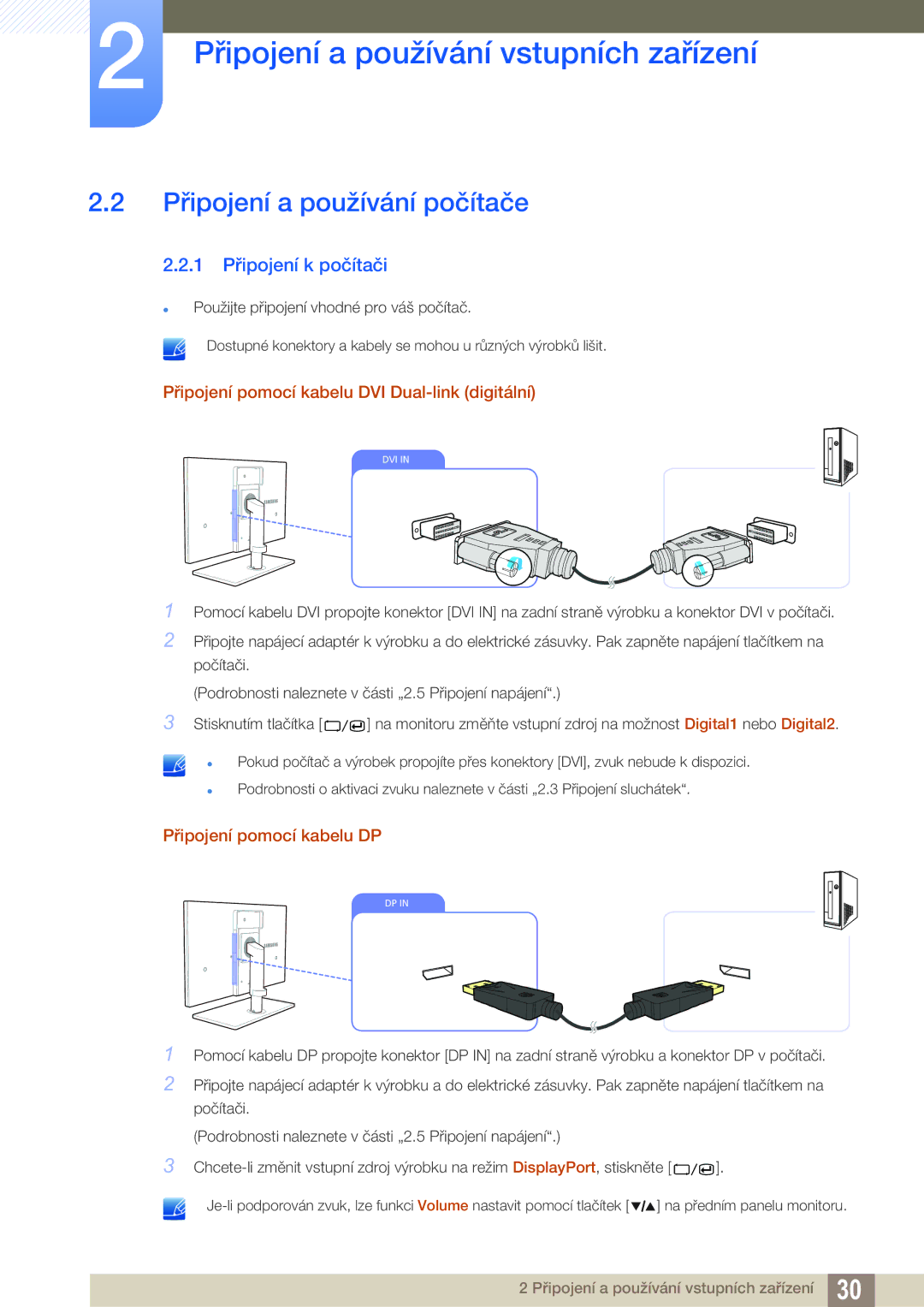 Samsung LS27A850TS/EN manual Připojení a používání počítače, 1 Připojení k počítači, Připojení pomocí kabelu DP 