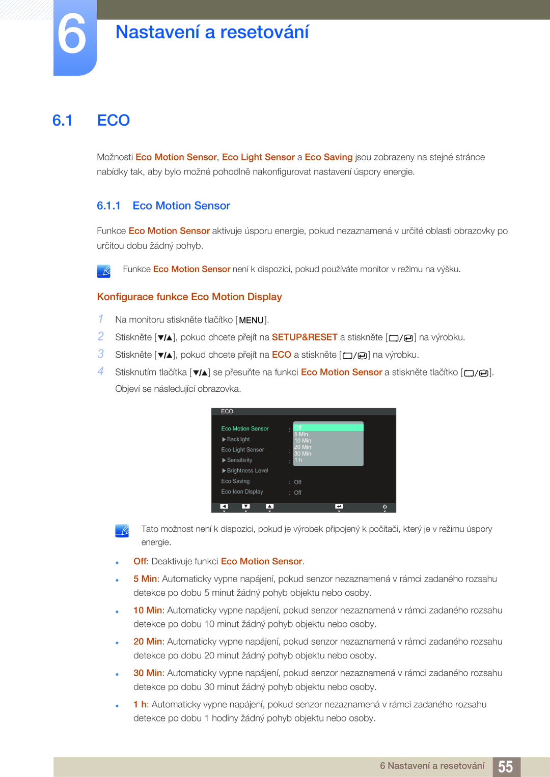Samsung LS27A850TS/EN manual Nastavení a resetování, Eco Motion Sensor, Konfigurace funkce Eco Motion Display 