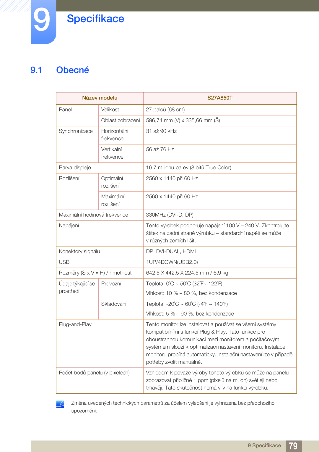 Samsung LS27A850TS/EN manual Specifikace, Obecné 