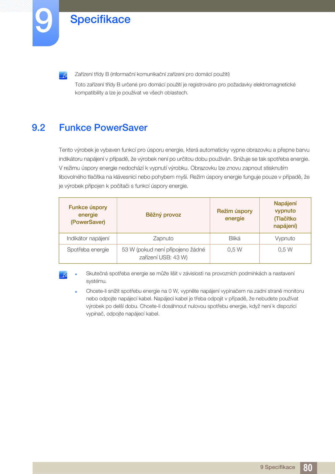 Samsung LS27A850TS/EN manual Funkce PowerSaver 