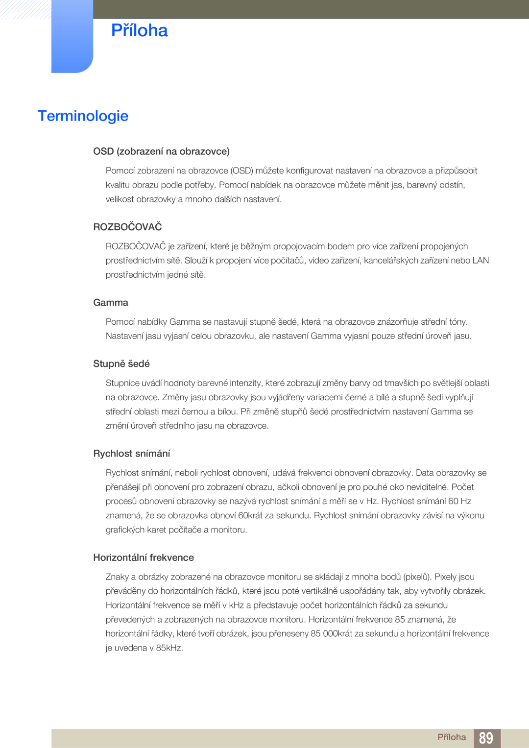 Samsung LS27A850TS/EN manual Terminologie, OSD zobrazení na obrazovce 