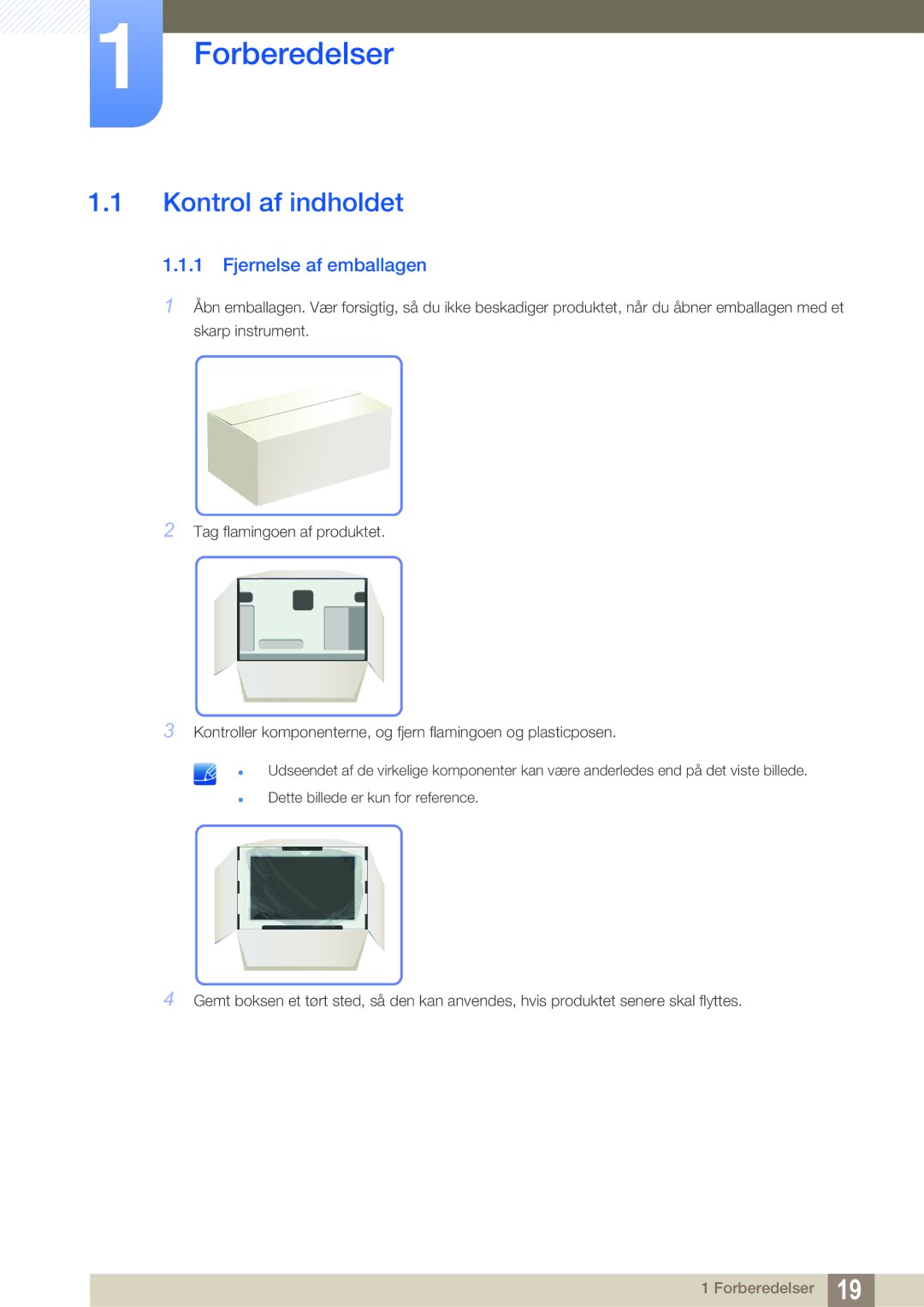 Samsung LS27A850TS/EN manual Forberedelser, Kontrol af indholdet, Fjernelse af emballagen 