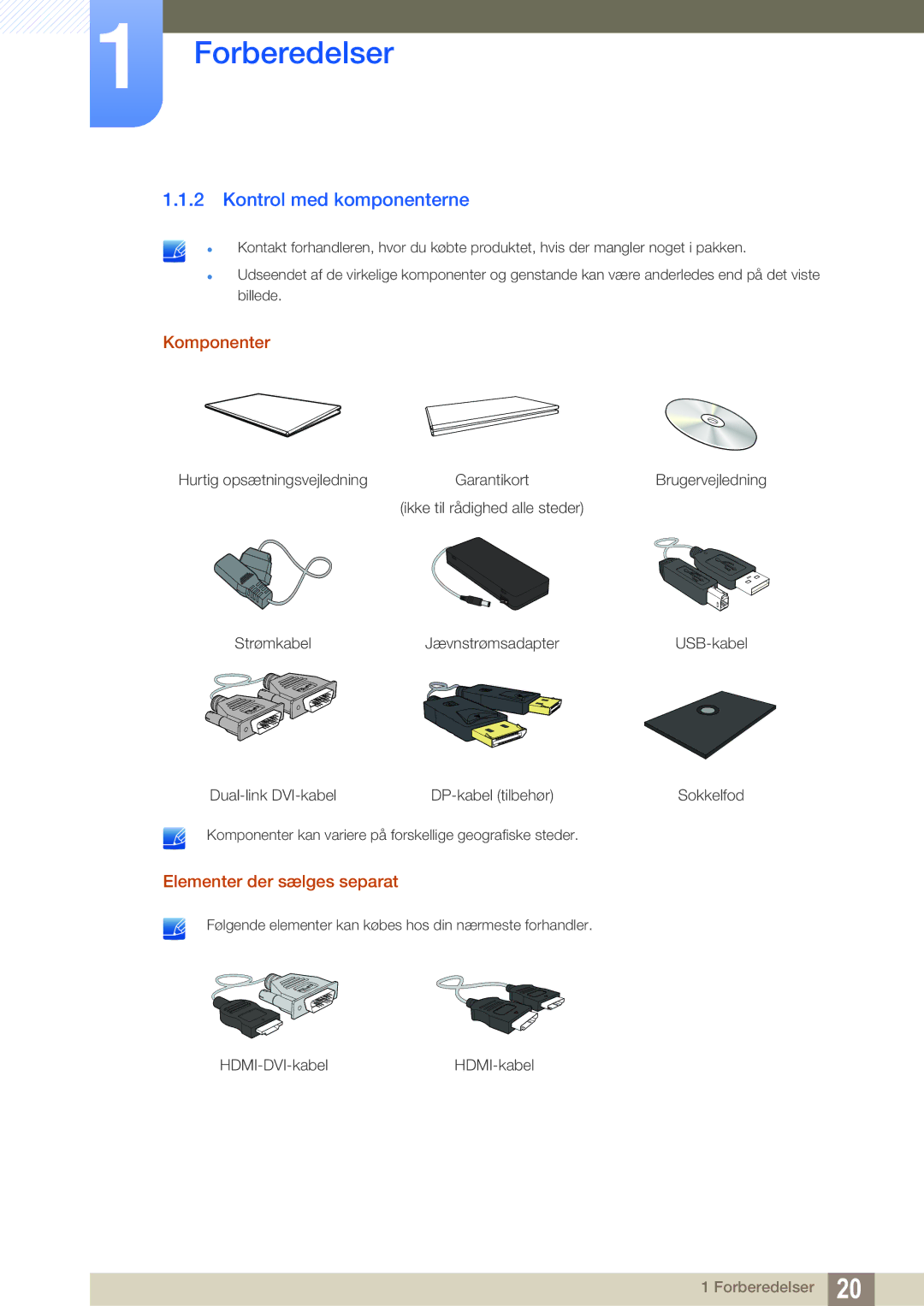 Samsung LS27A850TS/EN manual Kontrol med komponenterne, Komponenter, Elementer der sælges separat 