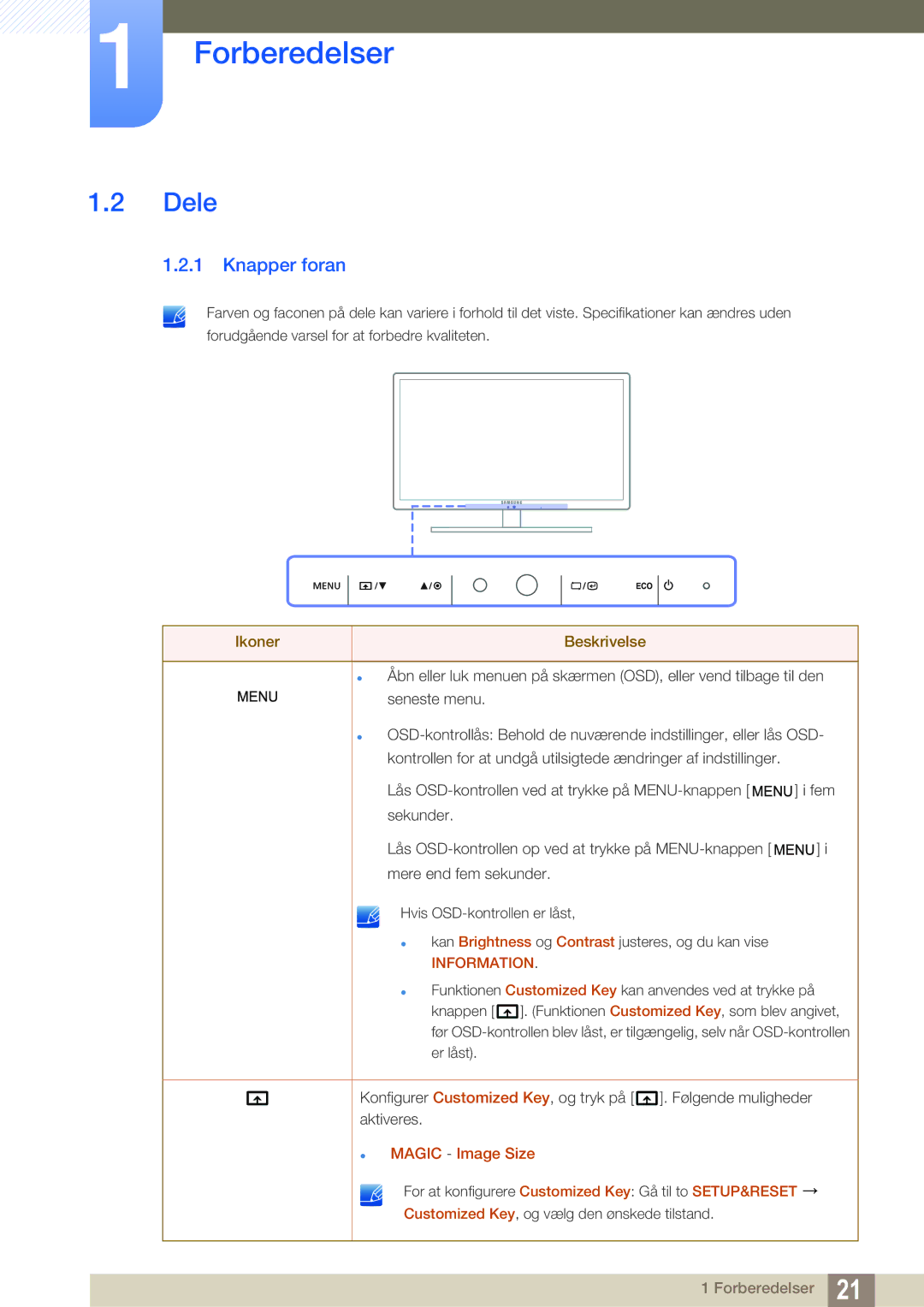 Samsung LS27A850TS/EN manual Dele, Knapper foran 