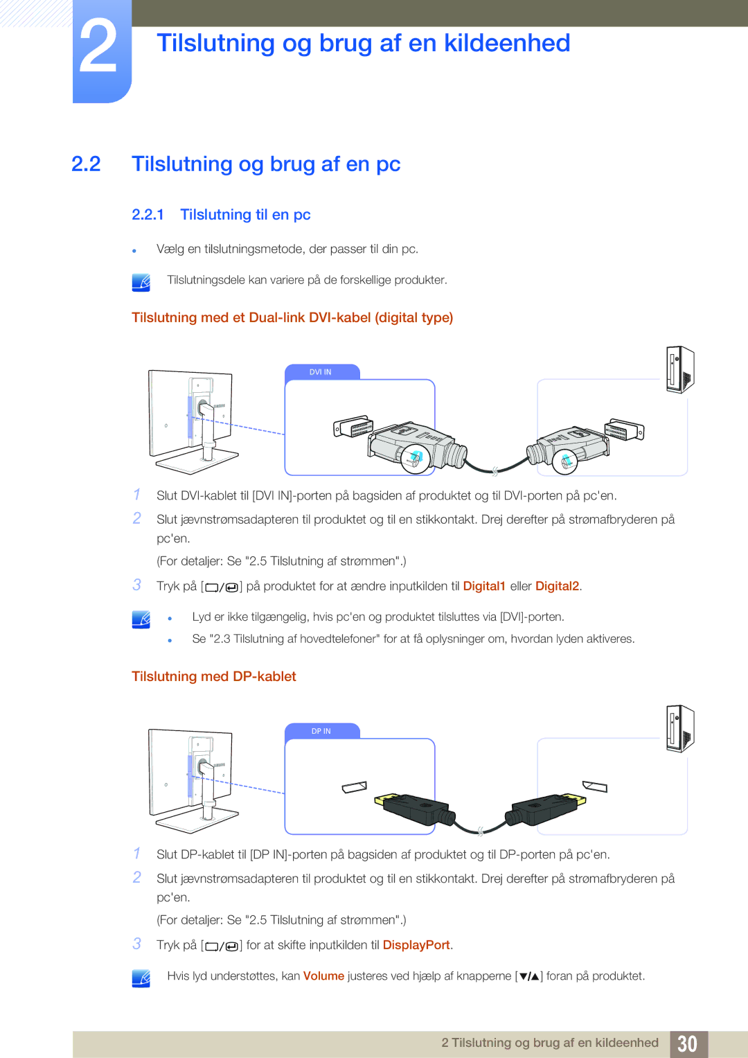 Samsung LS27A850TS/EN manual Tilslutning og brug af en pc, Tilslutning til en pc, Tilslutning med DP-kablet 