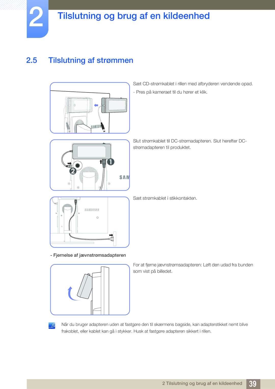 Samsung LS27A850TS/EN manual Tilslutning af strømmen 